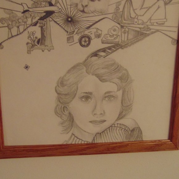 Girl Daydreaming, Original Pencil Sketch, Wood Frame, 12.5x15.5 - Picture 3 of 7